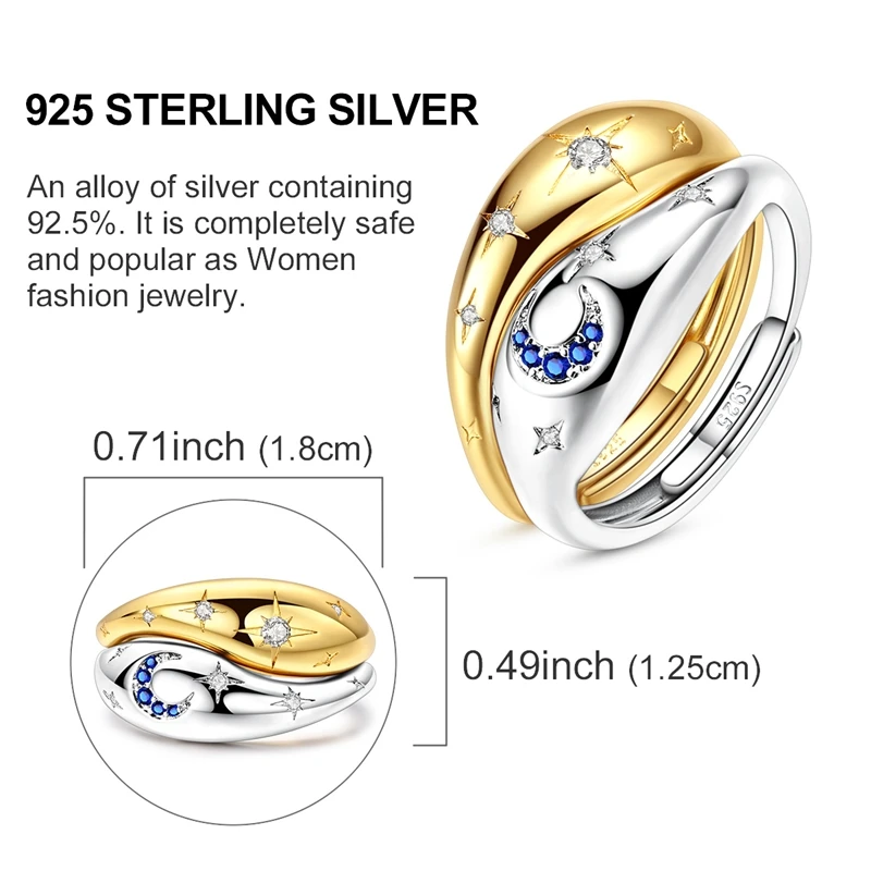 Women's 925 Sterling Silver Wave Star and Moon Open Ring