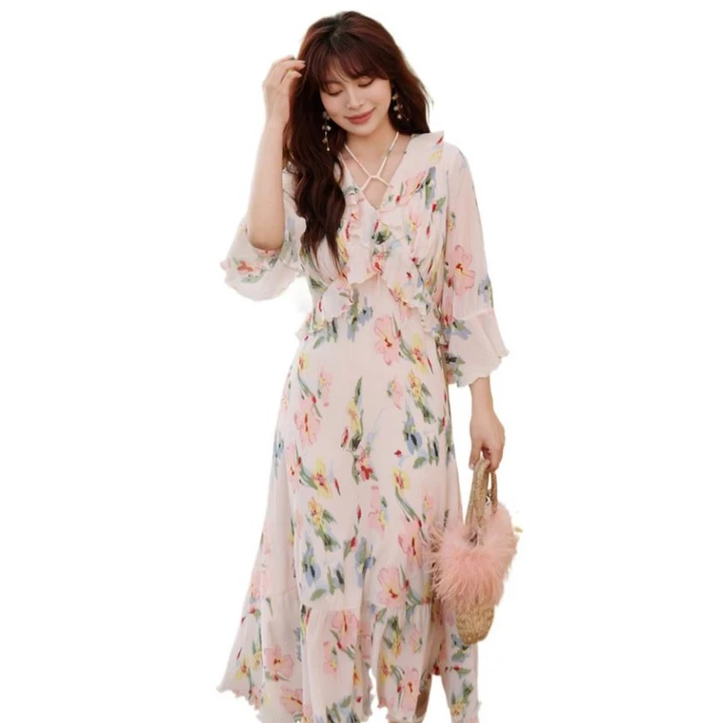 

Spring New Chiffon Girlish V-Neck Fresh Pink Floral Printing Long Dress Elegant A-Line Sweet Ruffles Gentle Fairycore Vestidos