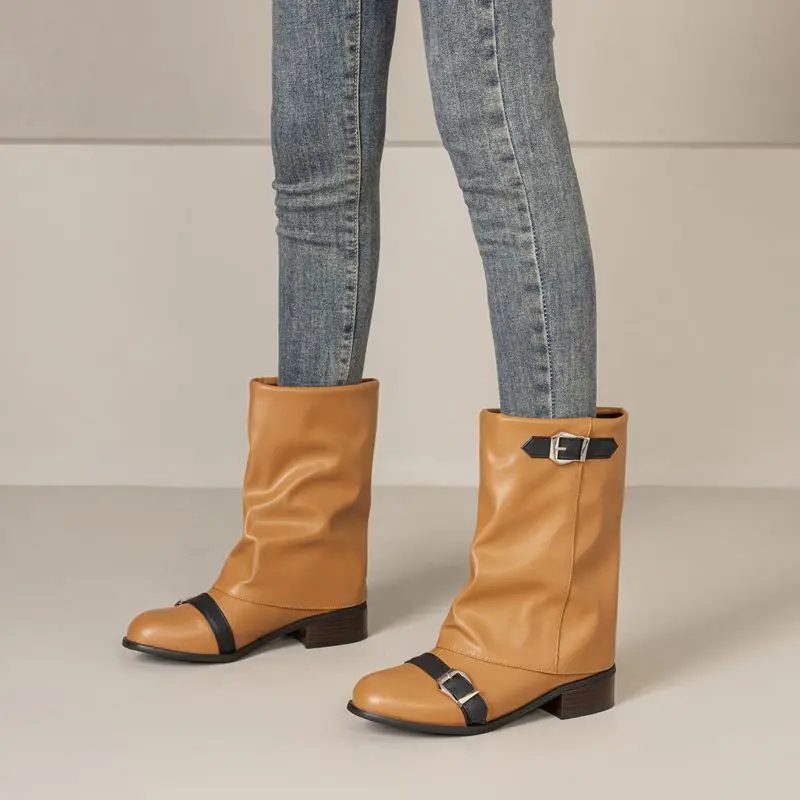 

ORCHALISA Retro Women Mid Calf Boots Round Toe 3.5cm Block Heel Slip-On Belt Buckle Large Size 45-47 Casual Daily Pants Booties