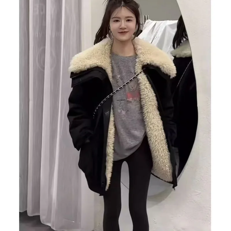 여성용 코튼 코트 패션 빅 칼라 플러시 두꺼운 캐주얼 코튼 코트 2025 겨울 재킷 워크웨어 스타일 파커 코트 탑스 여성용