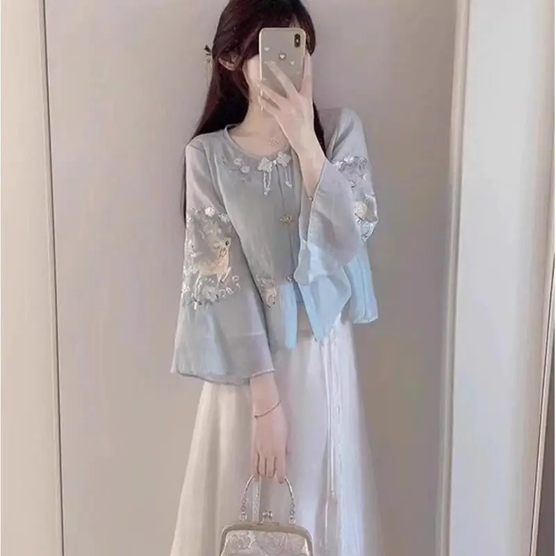 Summer New Women Clothing New Chinese Style Fashion Chinese Style Set Elegant Temperament Tops Half Body Long Skirt Two Pieceset image 3