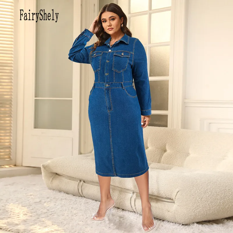 2024 Winter Button Plus Size Denim Dress Women Long Sleeve Large Midi Jean Dress Lady Turn-down Collar Curvy Bodycon Long Dress