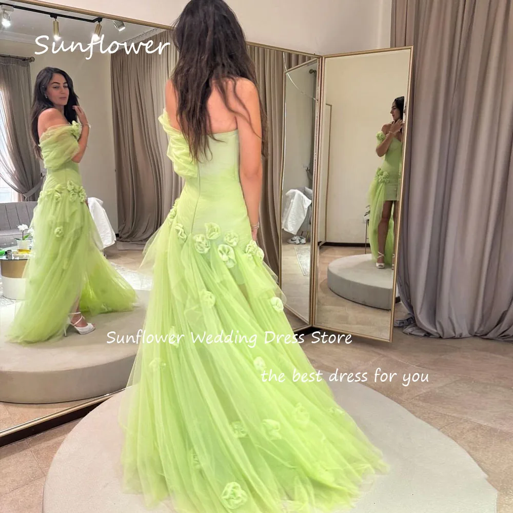 Sunflower Green One-Shoulder Tulle Prom dress 2024 Slim Backless 3D Flowers Evening Dress Zipper Up Mermaid Party Dress