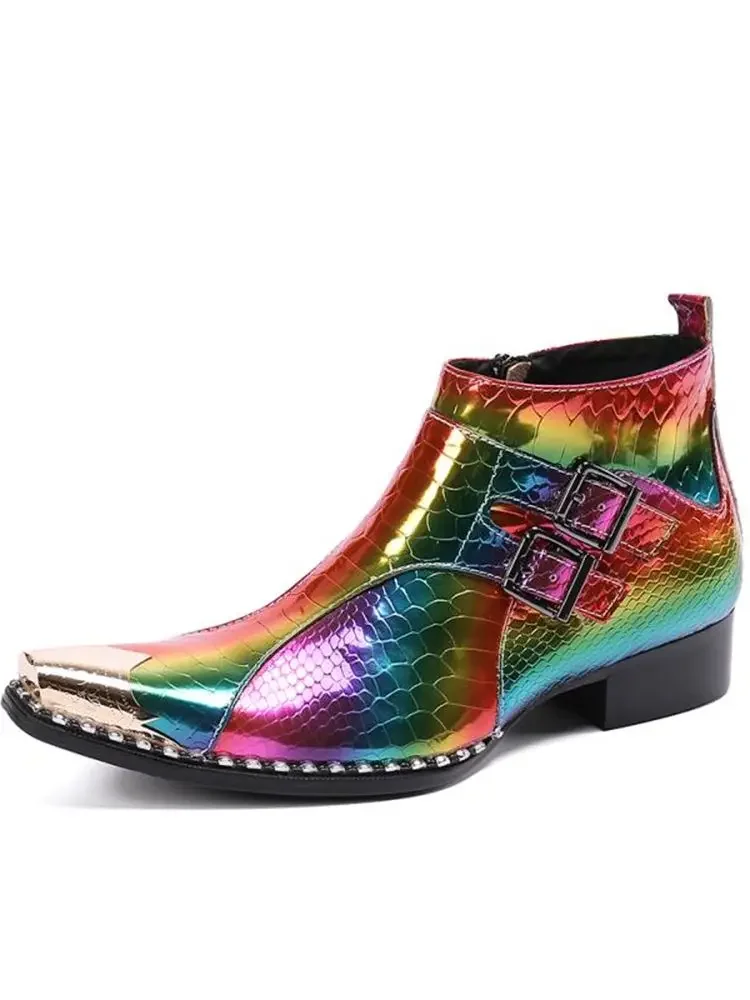 Rainbow Colorful Men Genuine Leather High Heels Pointed Toe Boots Male Plus Size Double Buckle Strap With Metal Wedding Shoes