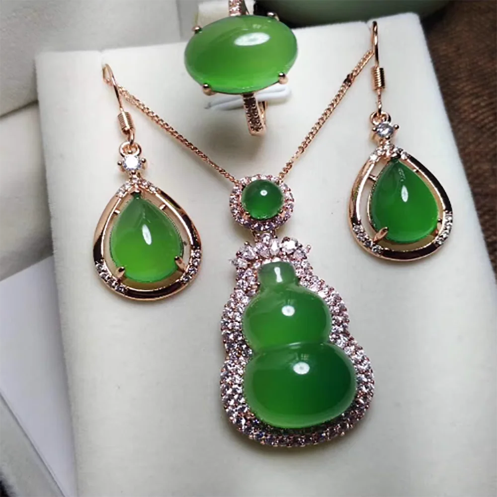 

Natural ice type emperor green chalcedony set S925 women's fashionable gourd pendant ring earrings