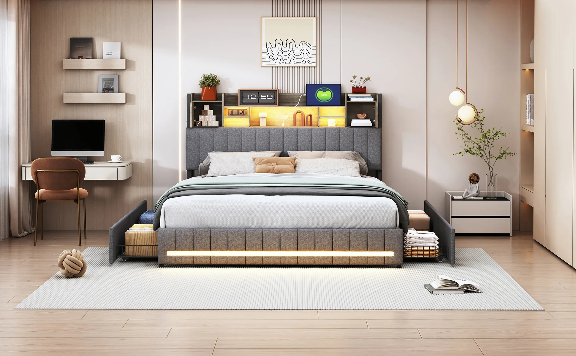Comanlai LED Polsterbettgestell, 140x190 cm, Grau, mit USB-Anschluss und Aufbewahrungsschubladen. – Detail 2