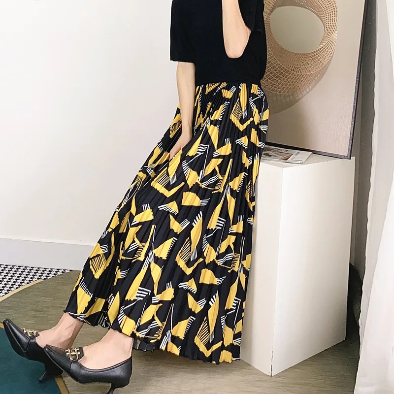 Long Skirts For Women Spring And Autumn New High Waist Fashion Printed Loose Miyake Pleated