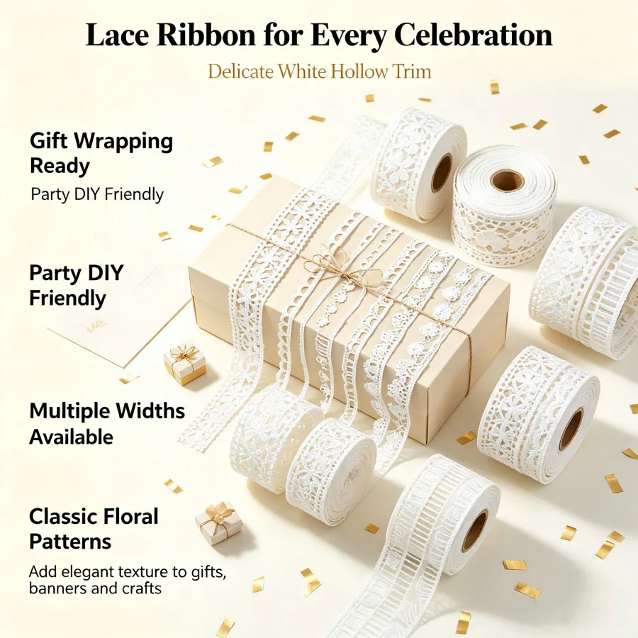 White Mesh Embroidered Lace Ribbon, DIY Sewing Apparel Accessory, Handmade Craft Supply, Gift Wrapping, Wedding Party Decor