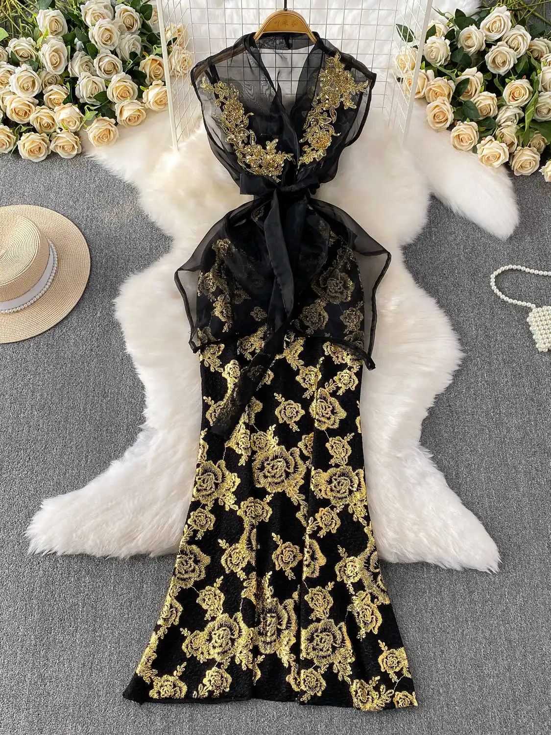 

Women Golden Embroidery Long Dress Vintage Off Shoulder V-Neck Luxury Evening Dresses Y2k One Piece Frocks 2000s Clothes Summer