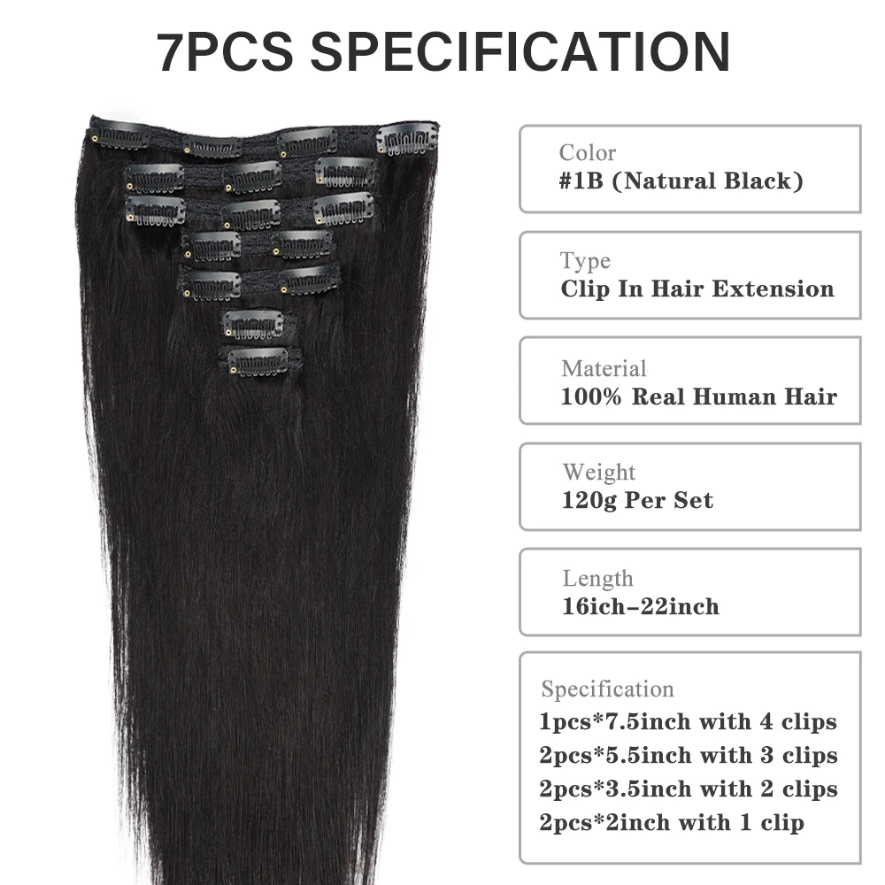 Doreen 16 ''- 22'' البرازيلي آلة ريمي كليب في شعر مستعار بشري شعر طبيعي حقيقي أسود مستقيم مشبك شعر على 120 جرام 7 قطعة