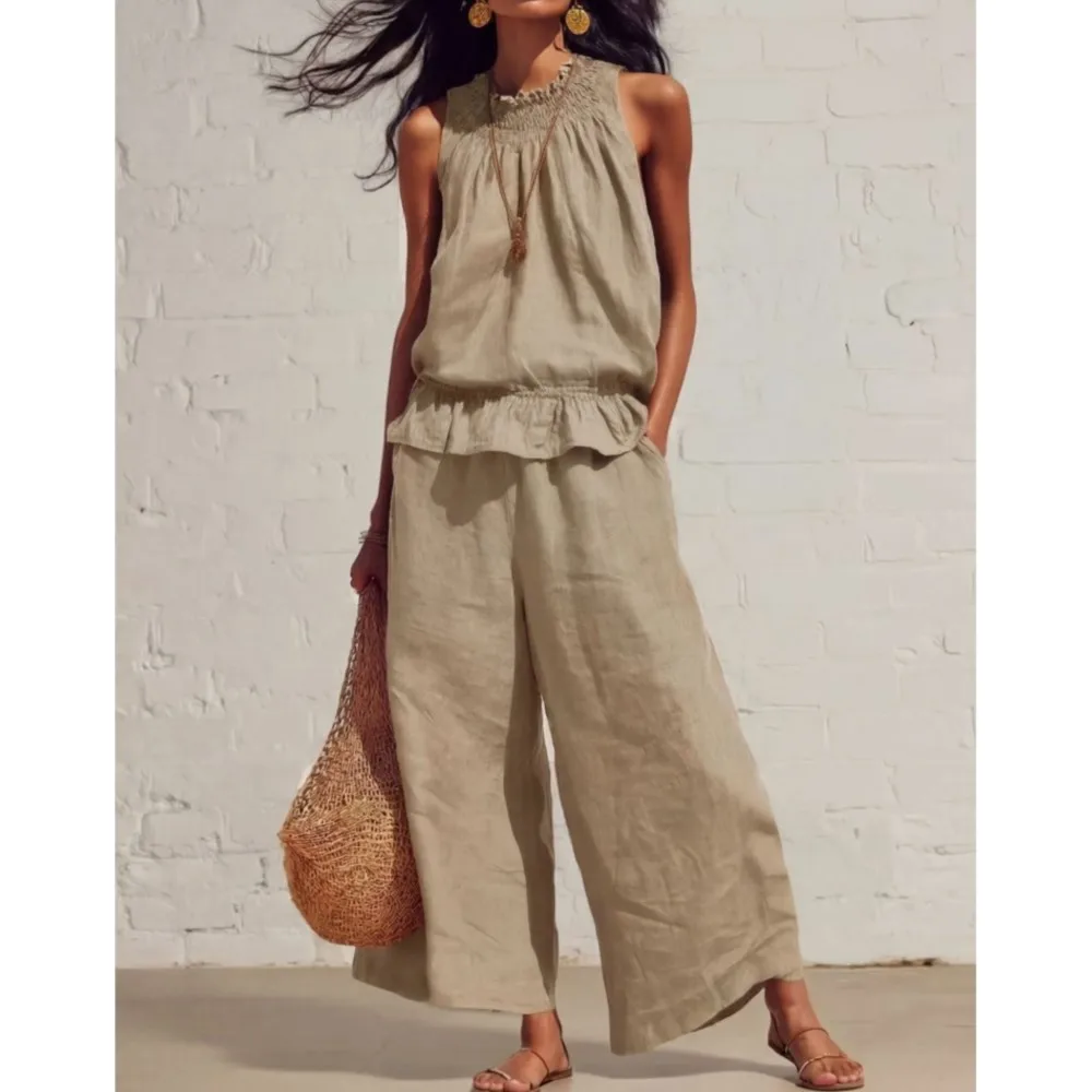 

Весенне-летний новый ретро-комплект: модные хлопково-льняные брюки с рюшами и жилет, повседневный свободный костюм с широкими штанинами и карманами для женщин