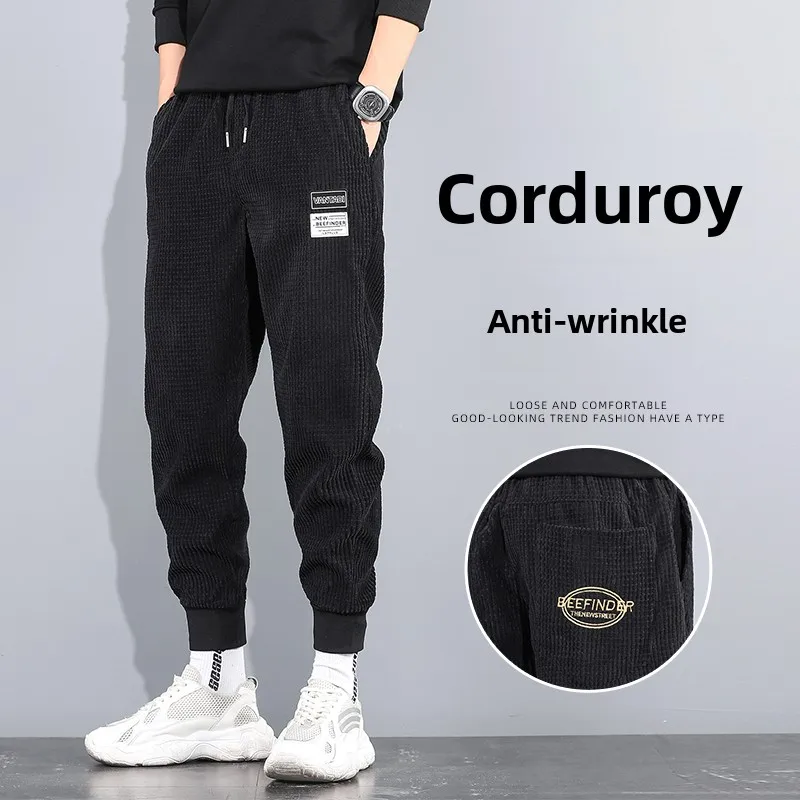 

Мужские вельветовые спортивные брюки на подкладке, повседневные свободные брюки на весну, осень и зиму, модные брендовые брюки с манжетами для отдыха, молодежные активные брюки