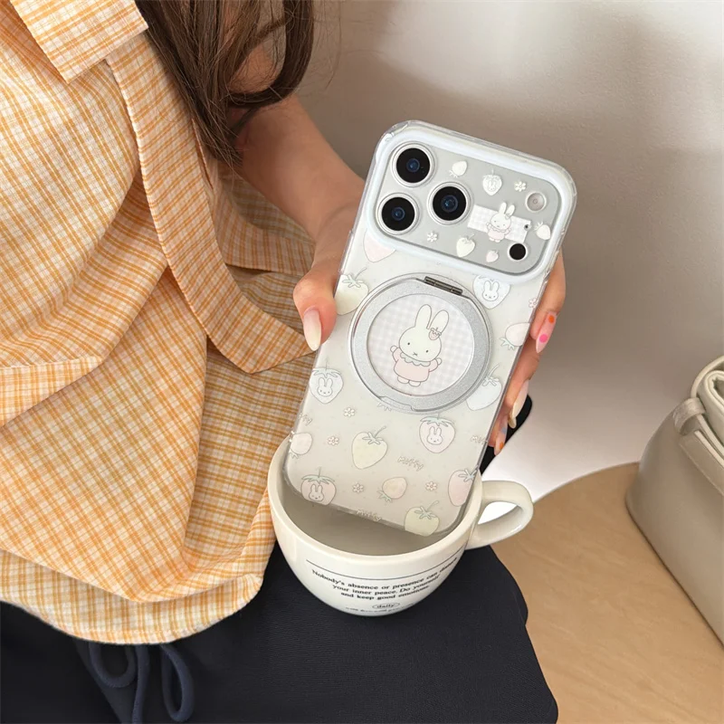 Korean Style Cartoon Miffy Strawberry Phone Case For iphone 17 16 15 Pro Max Magnetic Magsafe Wireless Charge Shockproof Cover