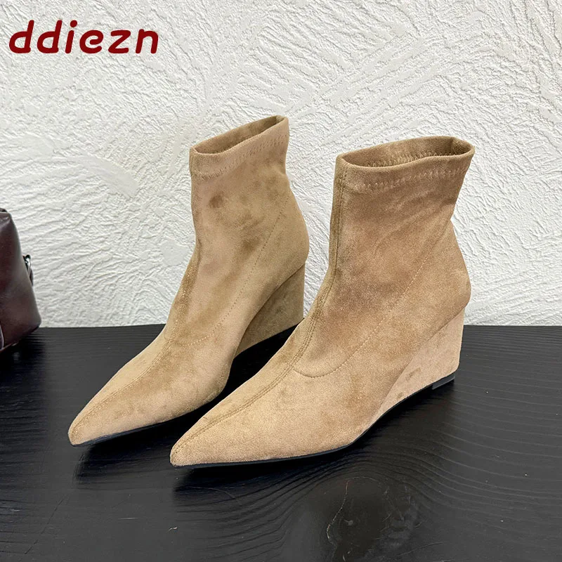 Fashion Flock Elegant Women Stretch Ankle Boots With Wedges Shoes Pointed Toe Ladies Short Modern Booties Shoes