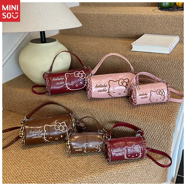 Miniso Embroidered Hello Kitty Handbag, Vintage Lace Trim Crossbody Shoulder Bag for Women