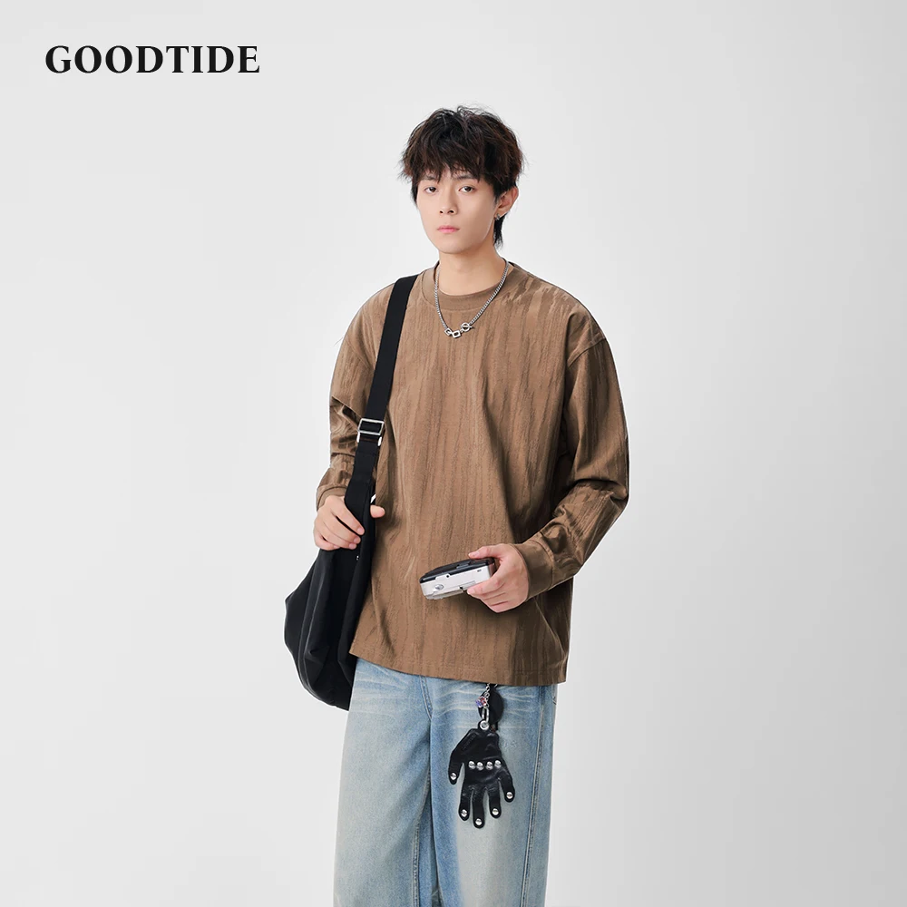 Fashion Men's Casual Long Sleeve T - Shirt 2025 Spring Autumn Textured Design and Crew Neck Loose Fit Style Comfortable Top