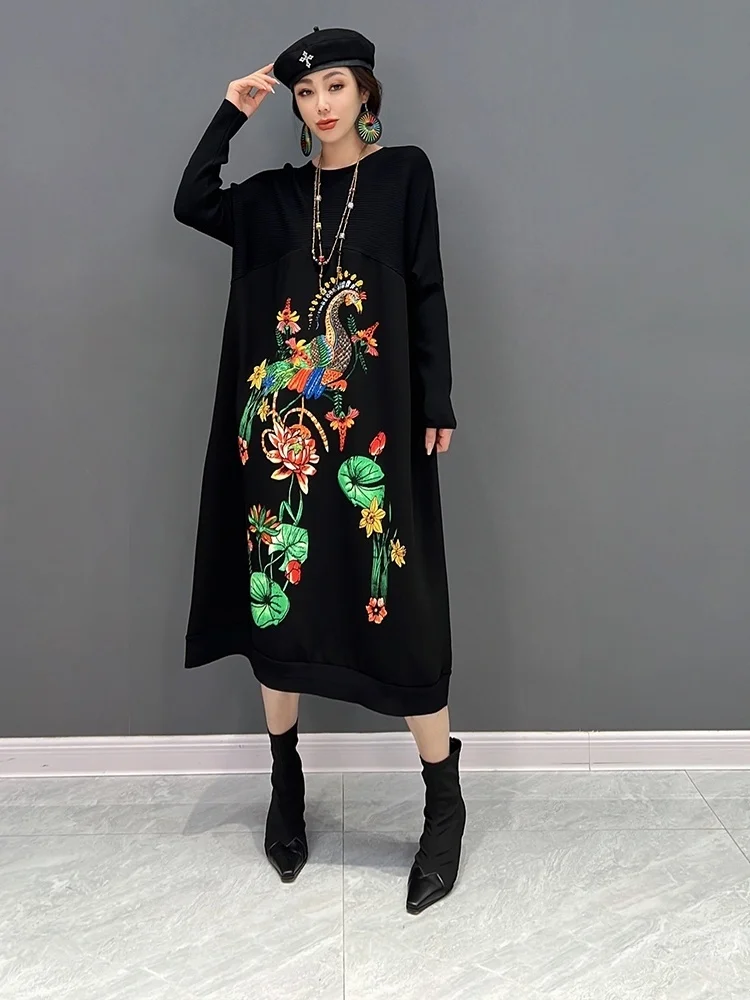 Vefadisa 2024 Autumn Fashion Women Round Neck Pullover Dress Loose Mid-length Printing Embroidery Knitting Dress Black LHX2550