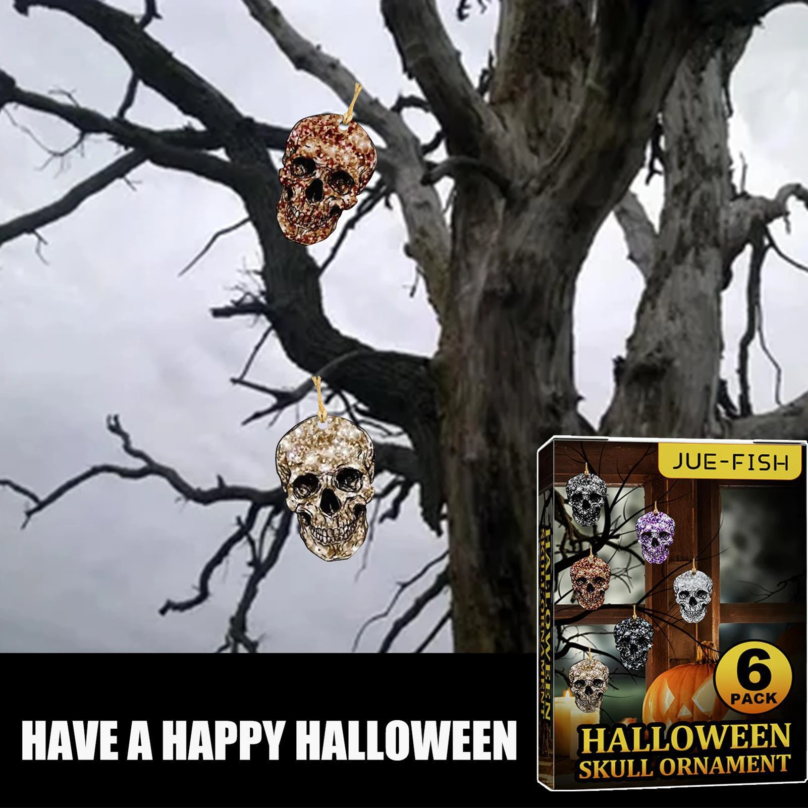 Halloween Skull Head Tree Pendant Easy to Hang Wear-resistance Wooden Sign with Ropes for Halloween Party Supplies