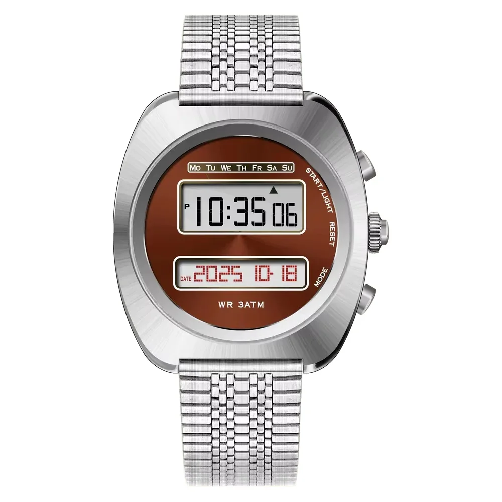 ساعة كلاسيكية بتصميم مستقبلية كرونود ريترو 1970s ساعة عرض إلكترونية مزدوجة LCD هيكل من الفولاذ المقاوم للصدأ