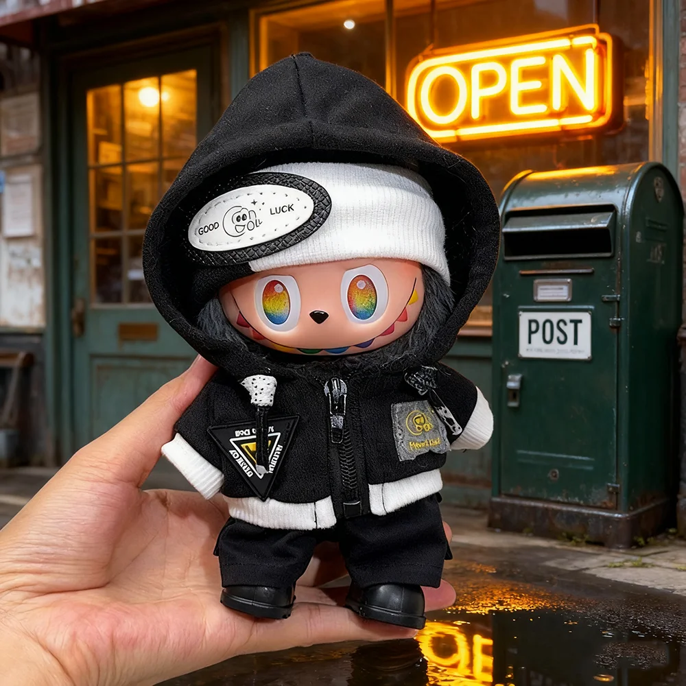 الملابس ل 15-17 سنتيمتر Labubu العصرية قلنسوة بسحاب الملابس عقال فستان أطفال مع سروال داخلي سماعات حمراء PP الأحذية الزي الملابس والاكسسوارات #5