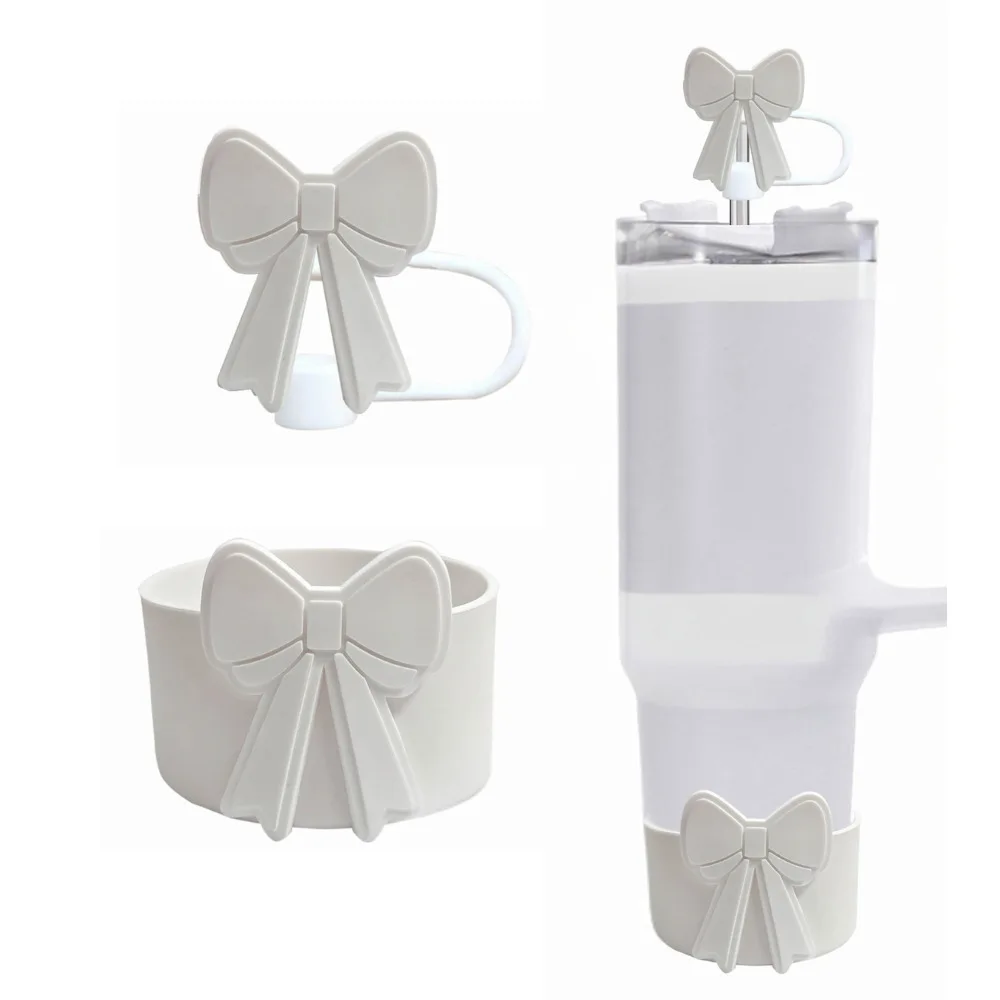 10mm Bow Straw Cap with Silicone Sleeve And Anti-Slip Stand Pad Set for Tumbler Cup Dust Decorative Enhance Your Tumbler Experie view 2