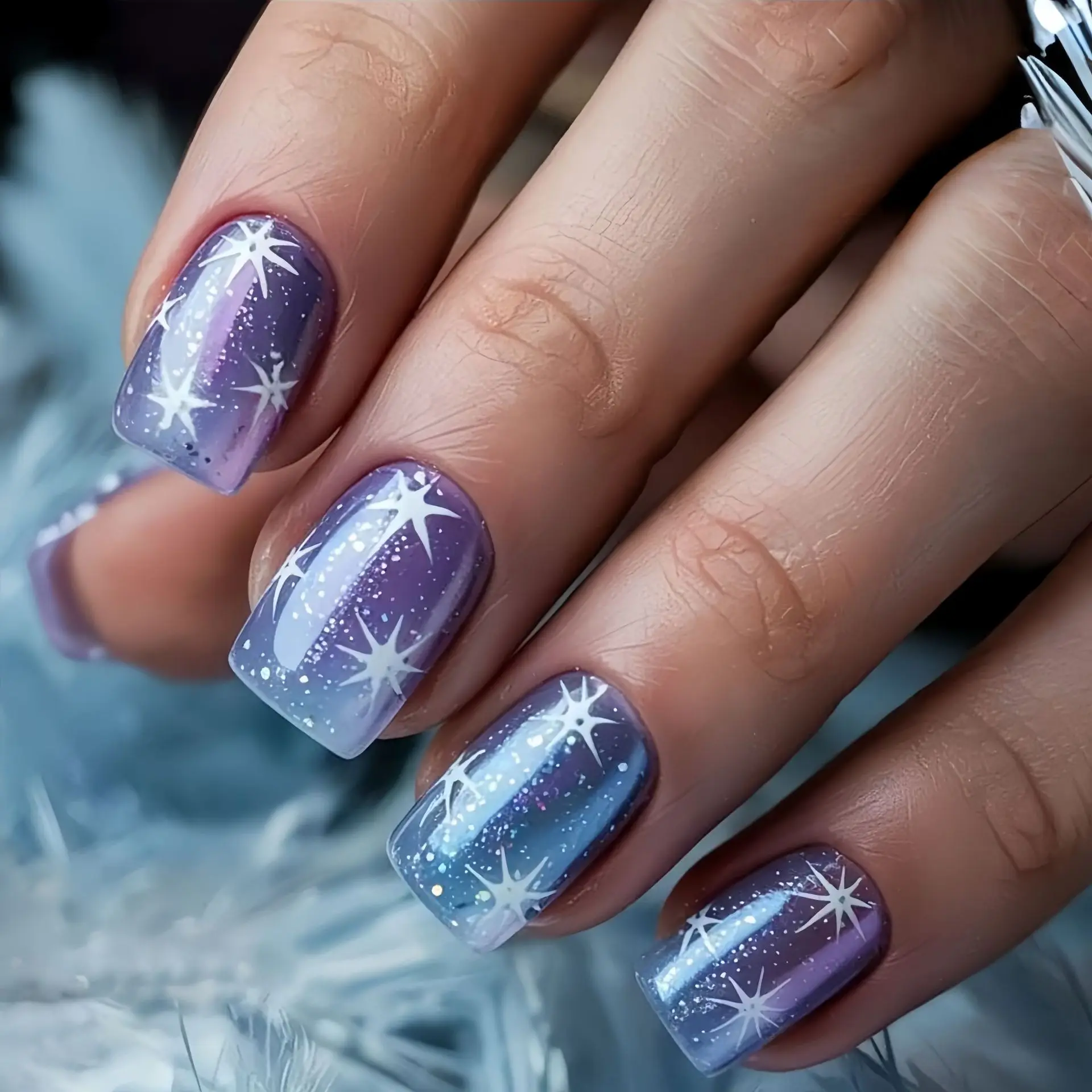 Mittlere künstliche Nägel für Frauen und Mädchen, Farbverlauf, blaues Sternenhimmel-Stern-Design, quadratische Nagelspitzen in Ballettform, zum Aufdrücken des falschen Nagelkunst-Sets