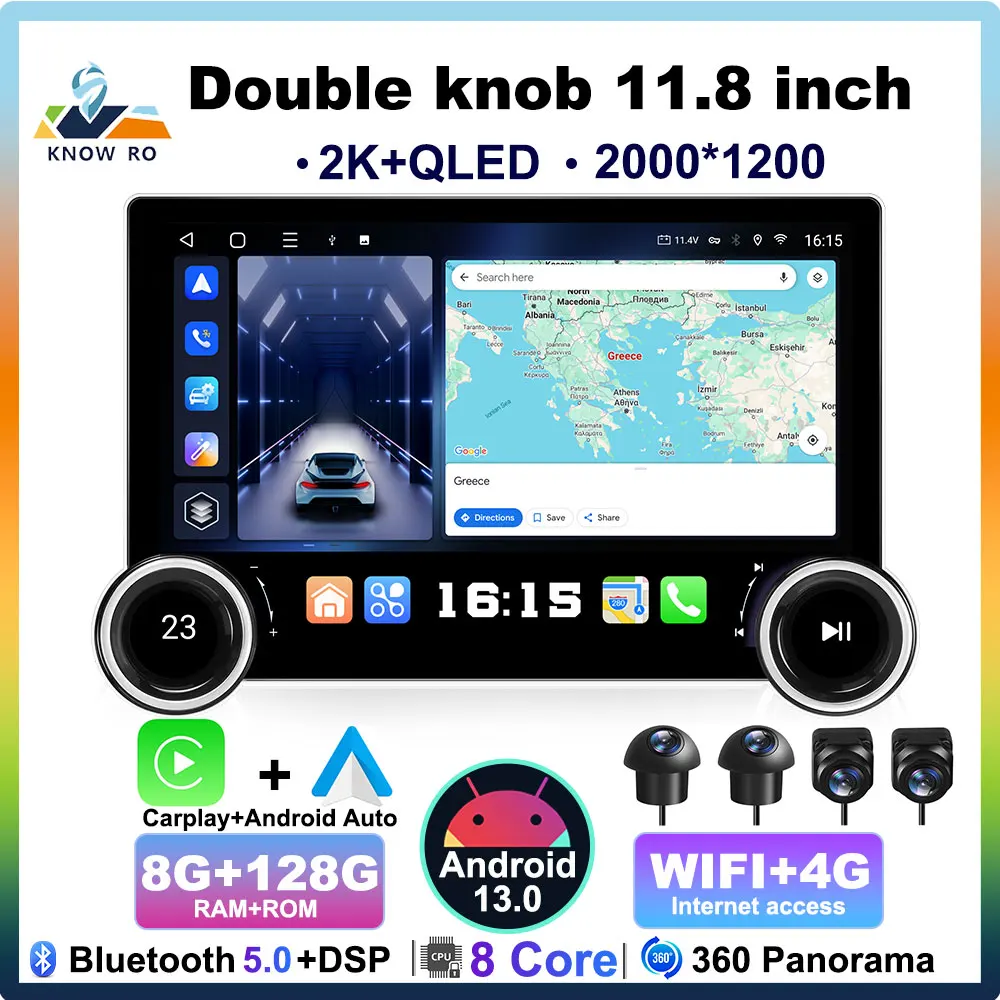 

KNOWRO 2Din 11.8” 2K 2000*1200 Android 12 Car Universal Multimedia Player with Bluetooth 5.0 GPS Navigation Carplay Double Knob