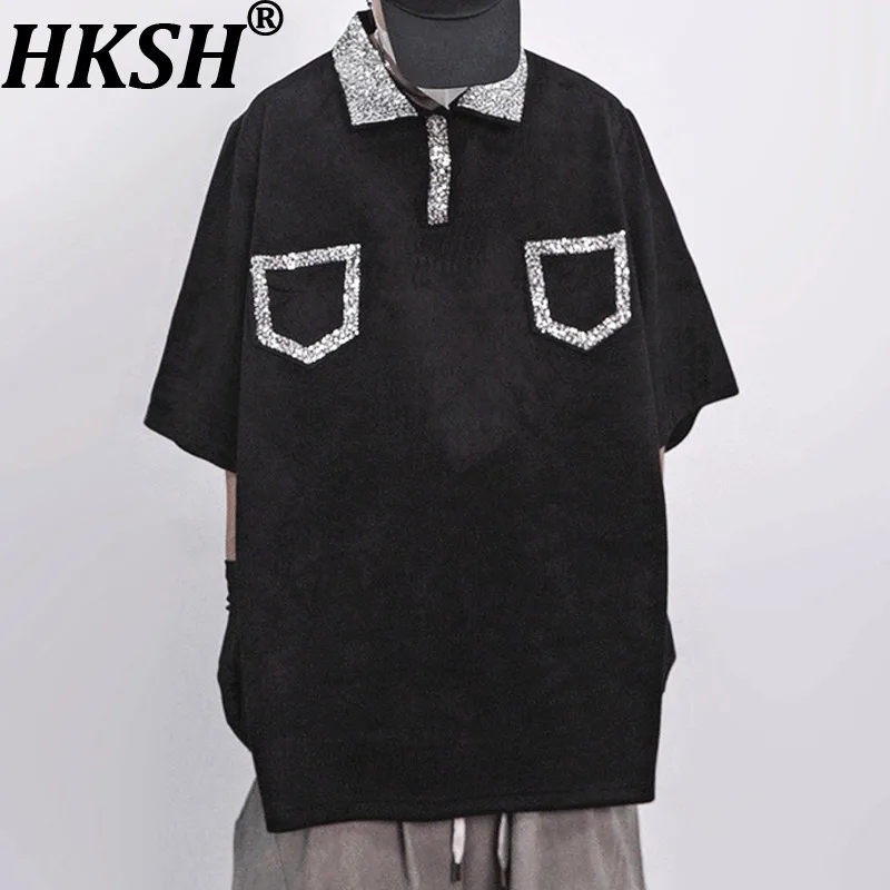 

HKSH Spring Summer New Man High Street Hip-Hop Trendy Sequin Embroidery Half Lengh Sleeve T-shirt Niche Chic Casual Shirt HK8730