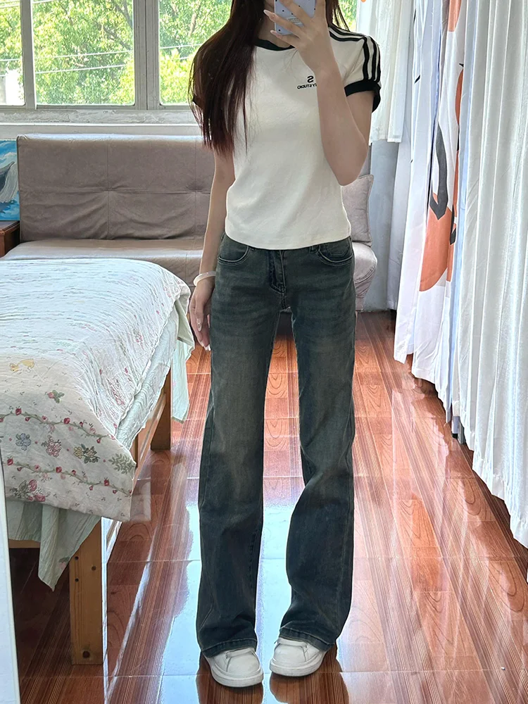 

Эластичные утягивающие прямые джинсы с высокой талией в американском стиле ретро, женские весенние новые широкие брюки