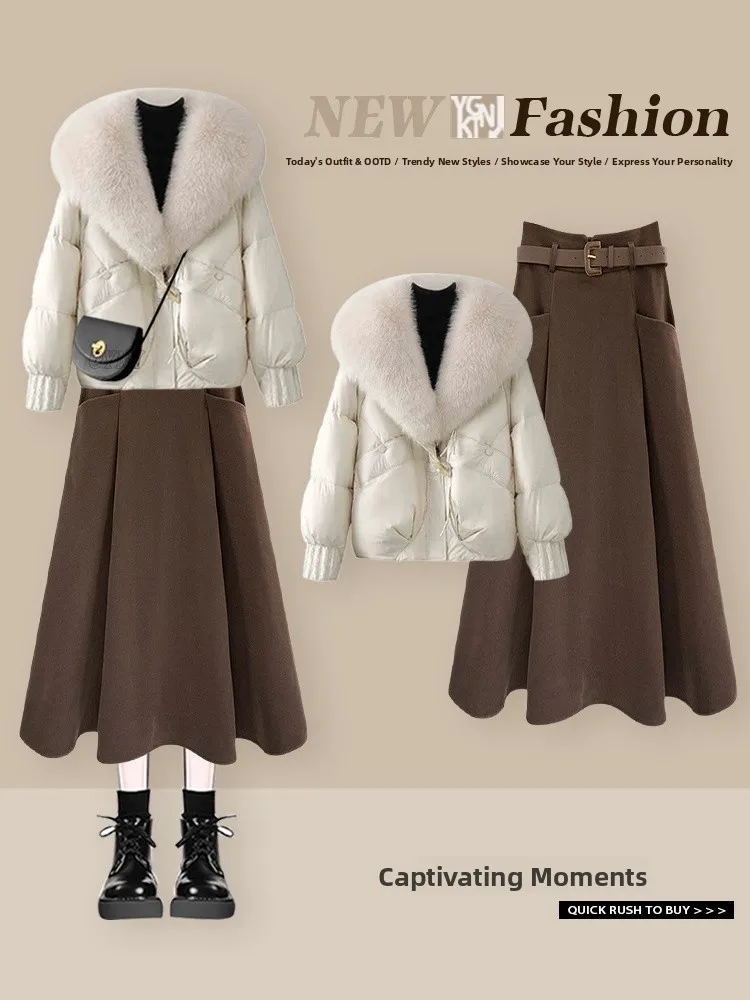 

Winter Warmth Faion Set Coat with Fur Collar Base irt f Skirt Tee Piece Set Women's French Sle Slim Fit Long Sve
