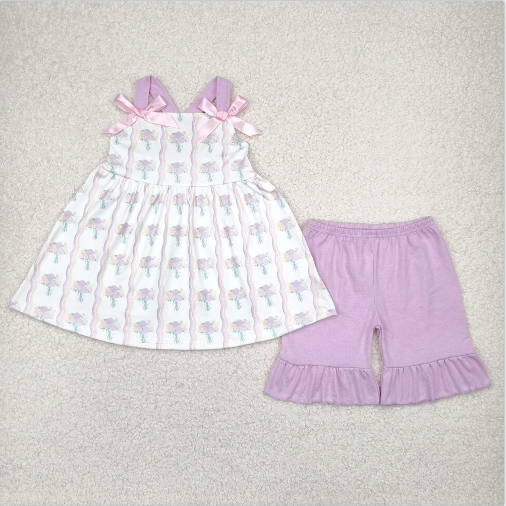 

RTS Baby girls fashion design children wholesale boutique outfits Baby Girls Pink Strap Floral Stripe Tunic Ruffle Shorts Sets
