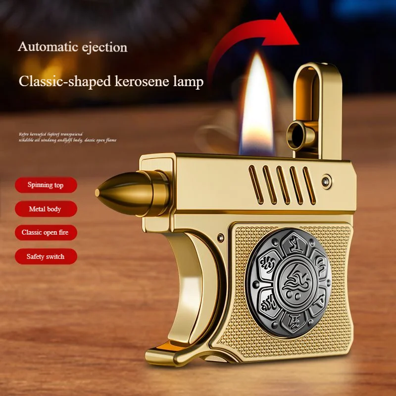 Zinc Alloy Oil Lighter with Break Glass Punch Mechanical Flip Top Auto-Eject Flame-Retro Chinese Style Windproof Lighter for Men