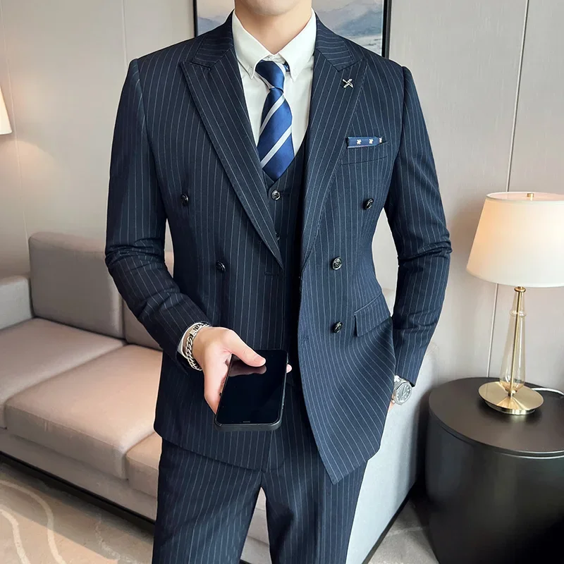 

High Quality Business Formal Men Suits Striped Double Breasted Slim 3-piece Set Groom Wedding Dress Banquet (Blazer+Vest+Pants)