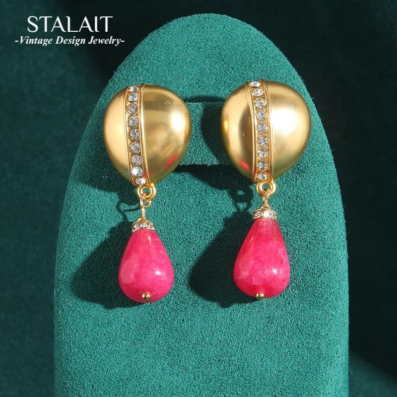 

Vintage Antique Natural Stone Rose Red Drop Earrings Dangle Elegant Gold Color Wedding Luxury For Woman Charm Jewelry 2025 New