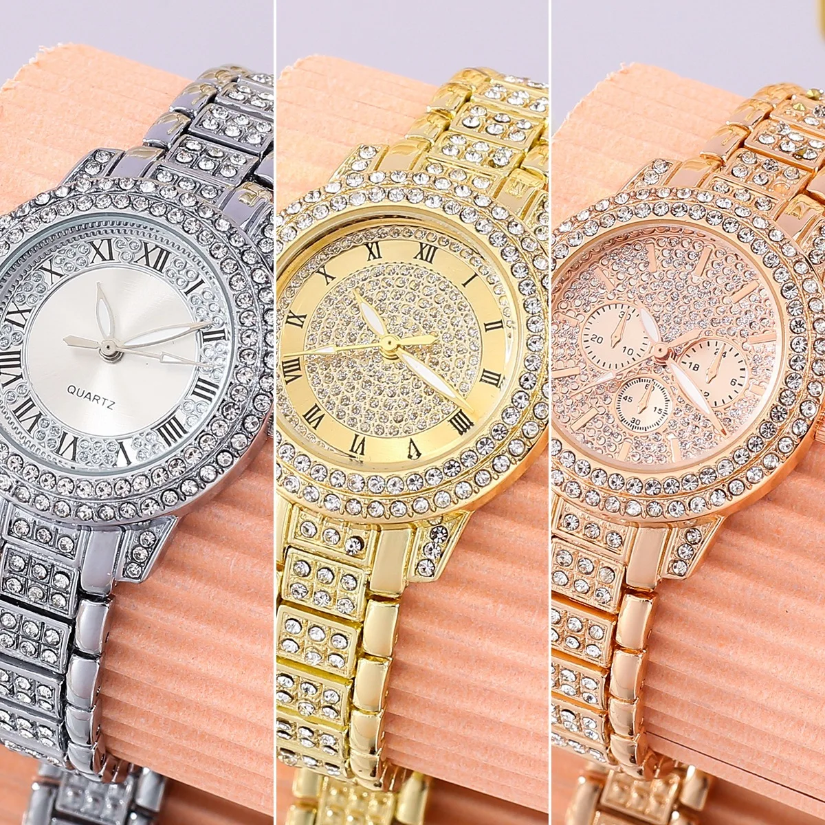 

6PCS/Set Women's Watch Fashion Full Diamond Steel Strap Pointer Quartz Watch Necklace Bracelet Earrings Jewelry Set (No Box)