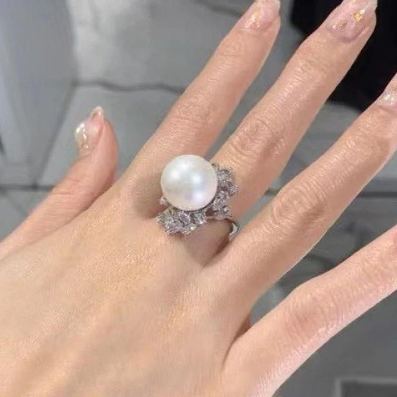 New White Pearl Adjustable Flower Ring with Zircon Women's Solid 925 Sterling Silver Ring Fine Bridal Princess Jewelry