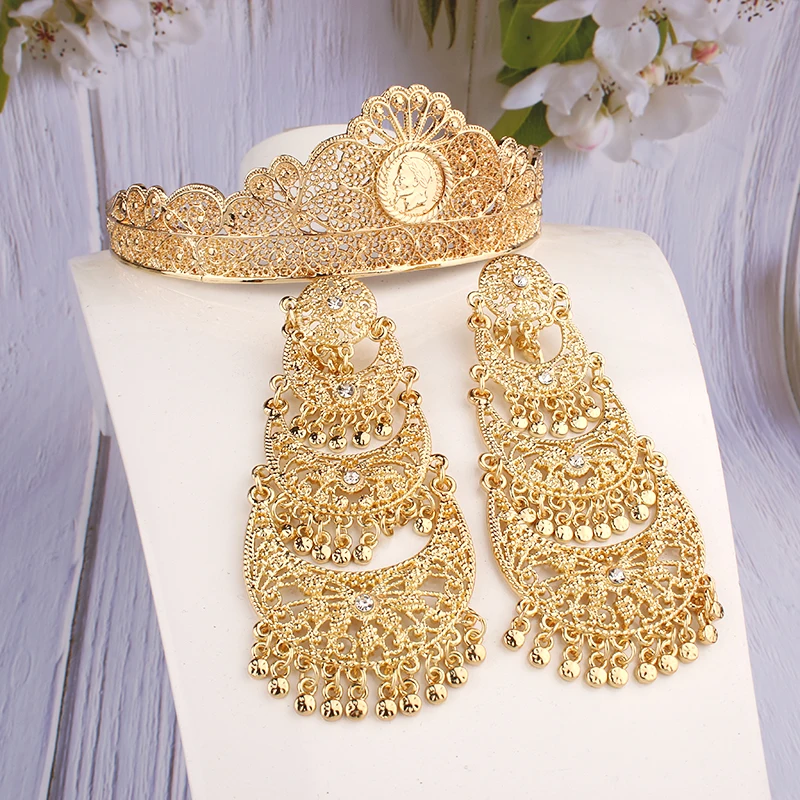 

Women Jewelry Set New Gold Crown Dubai Algeria Wedding Jewelry Bridal Hair Accessories Women Earrings Tassels Sets Luxury Woman