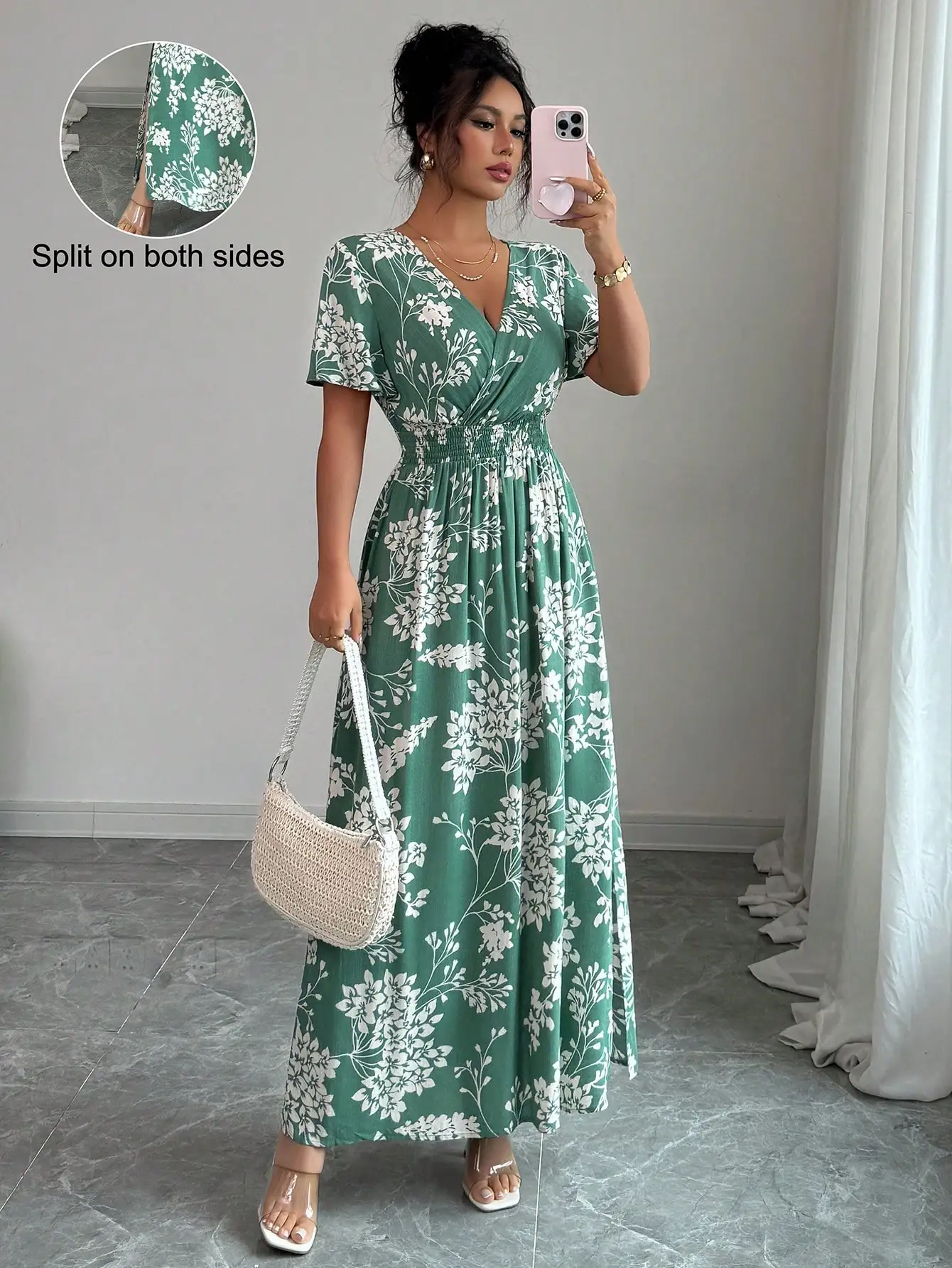 

Green Floral Print V-Neck Maxi Dress with Side Slits and Shirred Waist