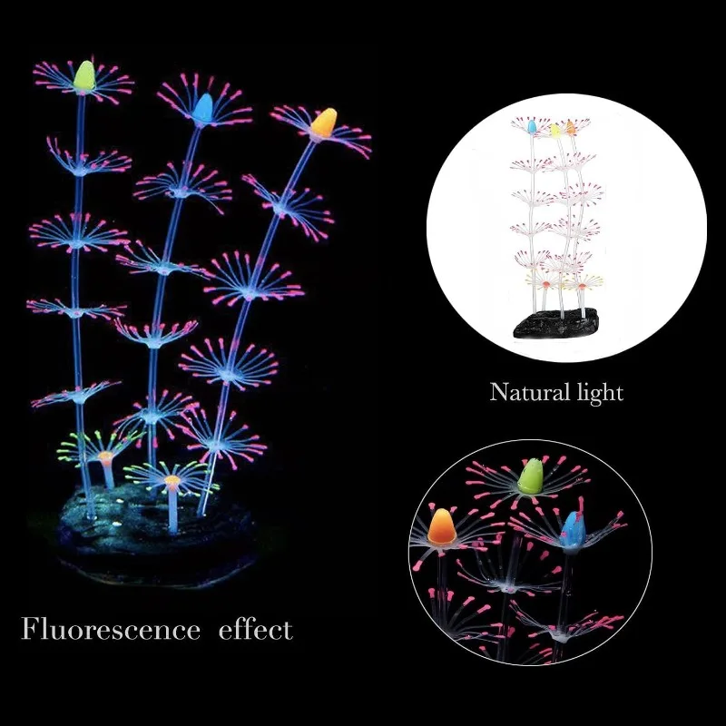 4 Pieces Aquarium Fish Tank Decorations with Glowing Effect Silicone Glow Artificial Ornament Coral Reef Plants Accessories