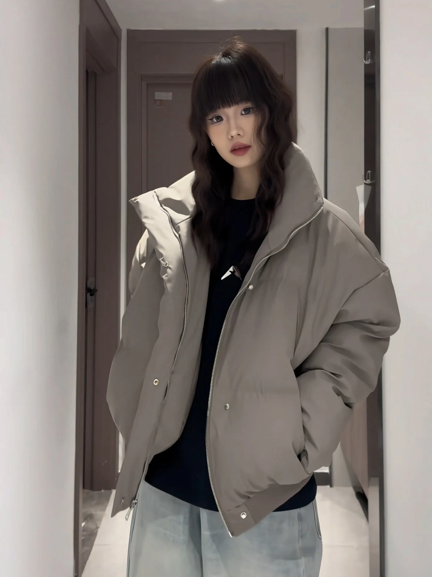 

Thiened Brown American Sle PU Stand Collar down Cotton Jaet Men Women Winter Tee Proof ort Bread Sle Coat Couple ...