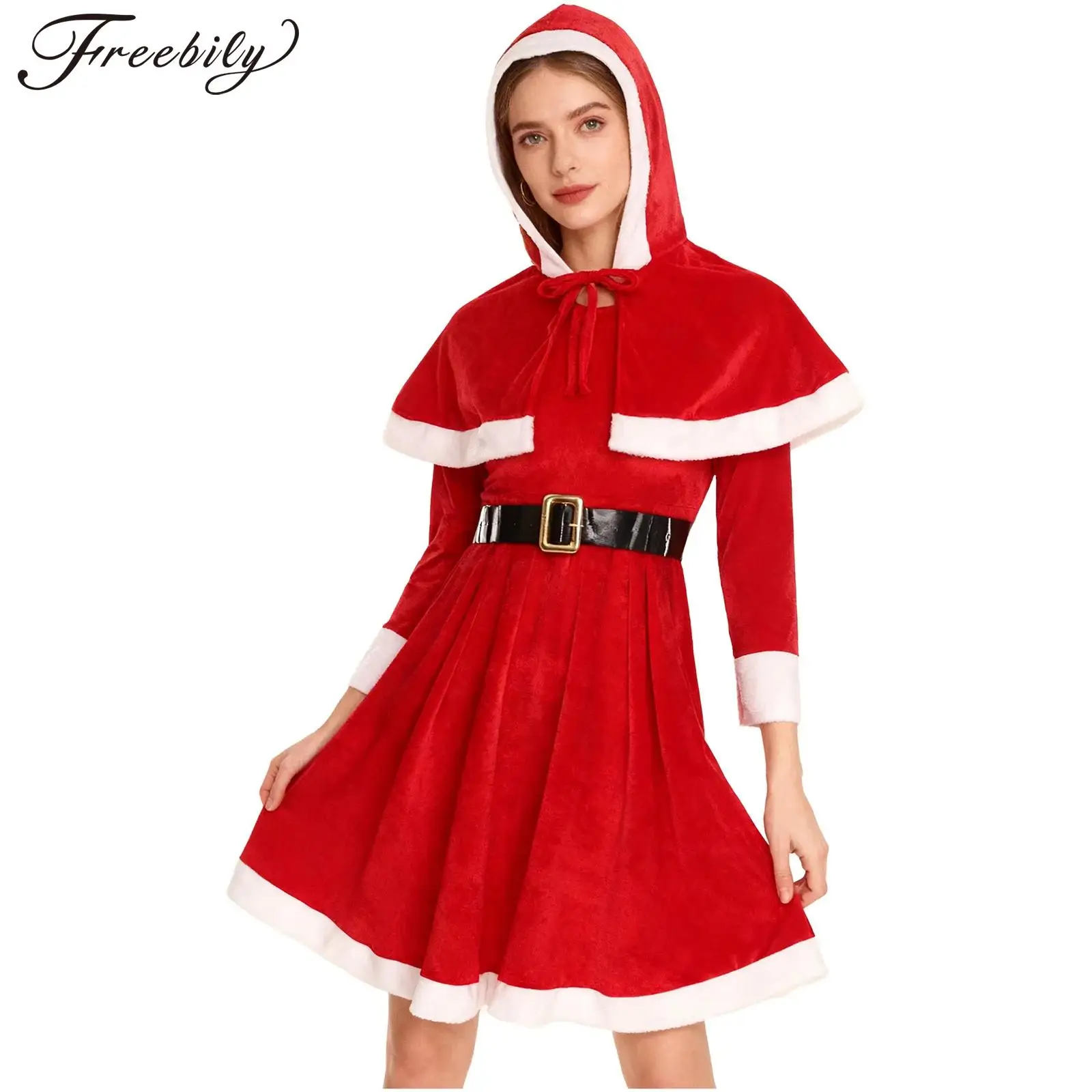 Costume de père noël pour femmes, tenue de Cosplay de noël, robe à capuche en velours rouge, vêtements de fête pour jeu de rôle de noël