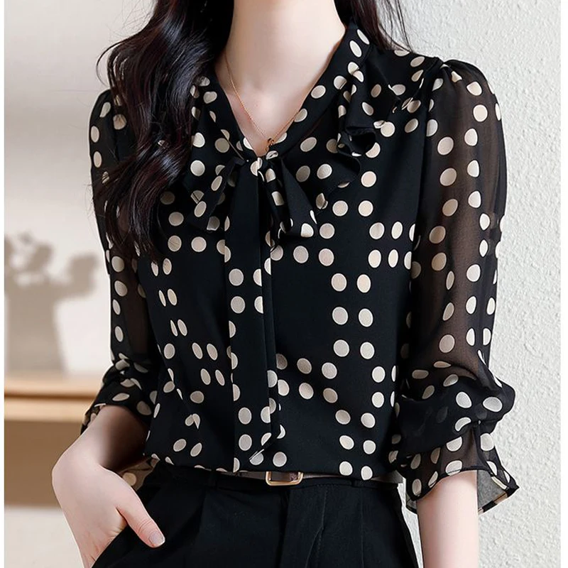 Summer Elegant Fashion Chic Sophisticated Shirt Office Lady Bow Three Quarters Sleeve V Neck Polka Dot Loose Casual Drape Top