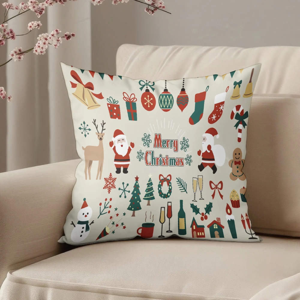 Square Throw Pillow Cream White Merry Christmas Santa Claus Reindeer Stocking Ornament Print For Living Room Sofa Bedroom Holida
