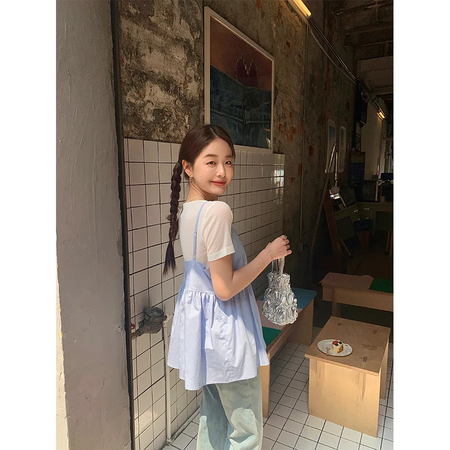 Sweet Style V-Neck Strapless Tank Top Women's Loose Casual Summer Fashion Youthful Korean Style Short Sleeveless T-Shirt
