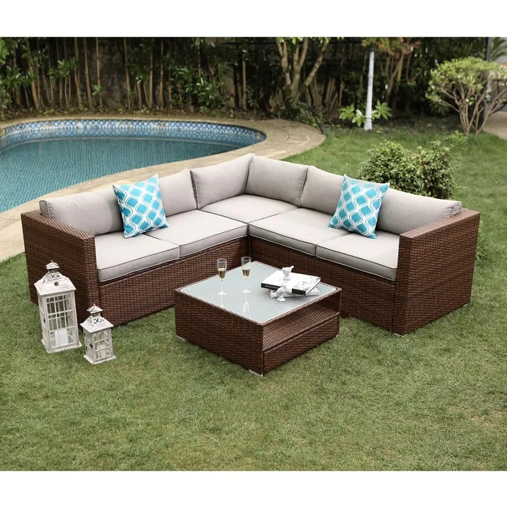 

Outdoor Sofa Sets, All-Weather Brown Wicker Sectional Sofa W Thick Cushions, Glass Coffee Table,Outdoors Garden Sofas Set