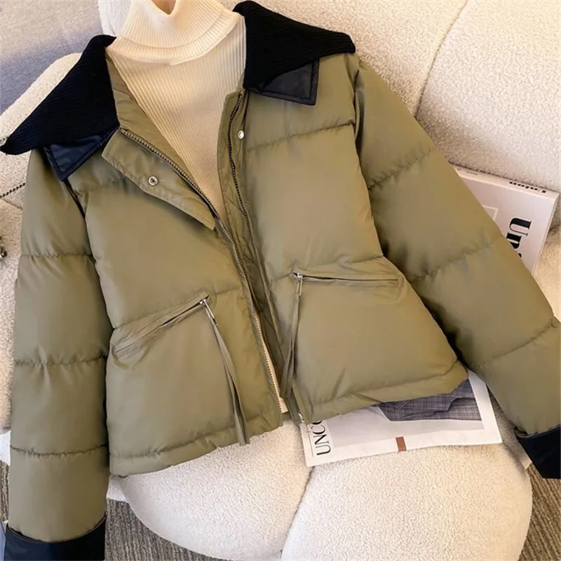 2025 autumn new winter short Down cotton jacket Women Parkas fashion loose PU leather thick warm padded Clothes Female coat T659