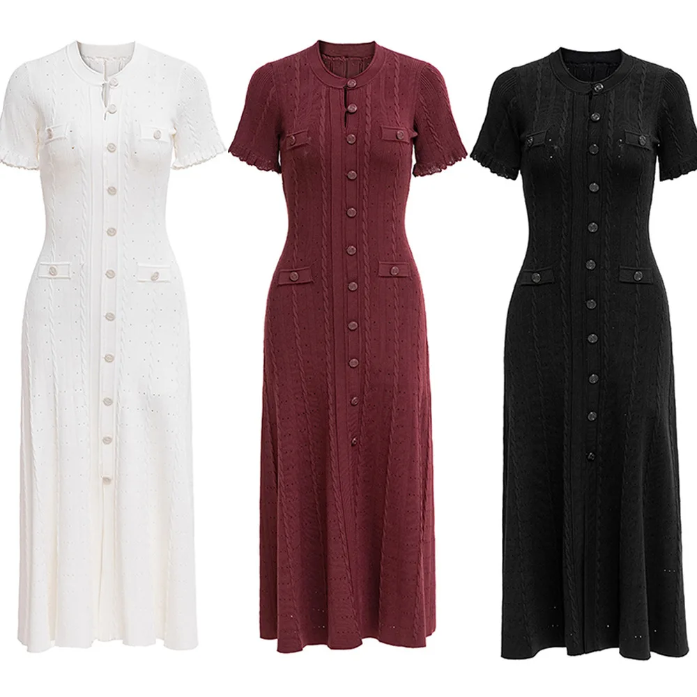 ZOCI فساتين نسائية بأكمام قصيرة مع خيط مجوف صف واحد مشبك ضيق رقبة مستديرة مكتب سيدة 2025 مجموعة ربيع جديدة