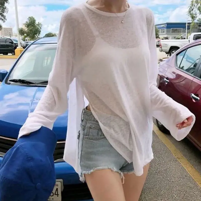 Lucyever Spring Summer Sunscreen Shirts Women Casual Loose Side Split Thin O Neck Tops Woman Simple long sleeve WhiteT-Shirt