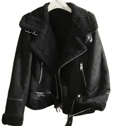 Winter acket Short Motorcycle Brown Coats Faux Shearling Sheepskin Leather Jackets Outwear Women Thick Warm Suede Lamb J