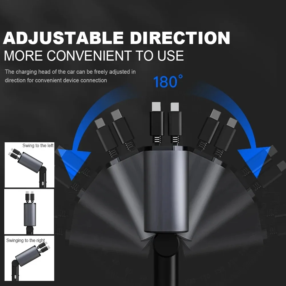 4 in 1 120W Car Charger Retractable Car Cigarette Lighter Adapter USB Type C Fast Charger Cable For IPhone Xiaomi Huawei Samsung